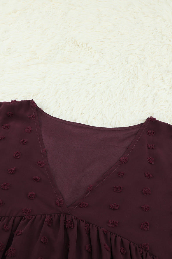 Wine Red V Neck Lantern Sleeve Swiss Dot Plus Size Blouse