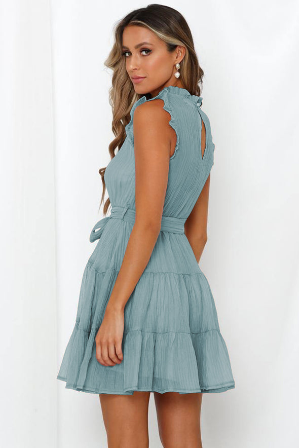 Frilled Neck Sleeveless Tiered Tulle Dress