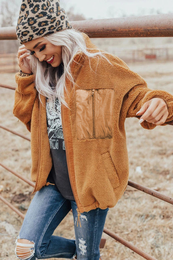 Zip Up Sherpa Coat with Pocket