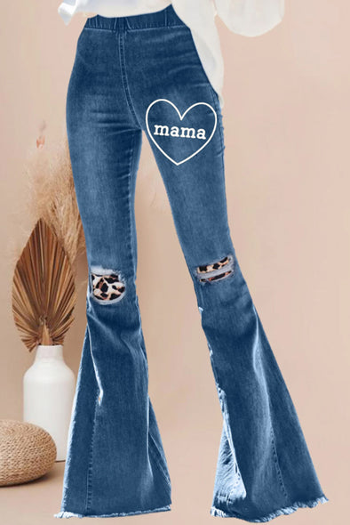 Plaid Patchwork Bell Bottom Jeans With Frayed Hem