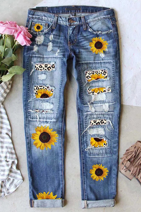 Valentine Heart Patchwork Distressed Straight Leg Jeans