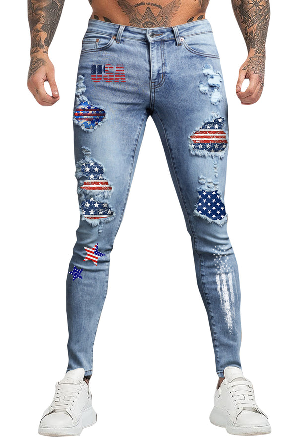 Men's Skull Print Patchwork Distressed Skinny High Waist Jeans