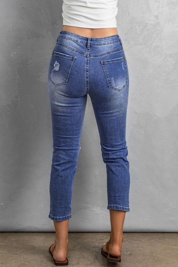 Fading Distressed Holes Crop Jeans