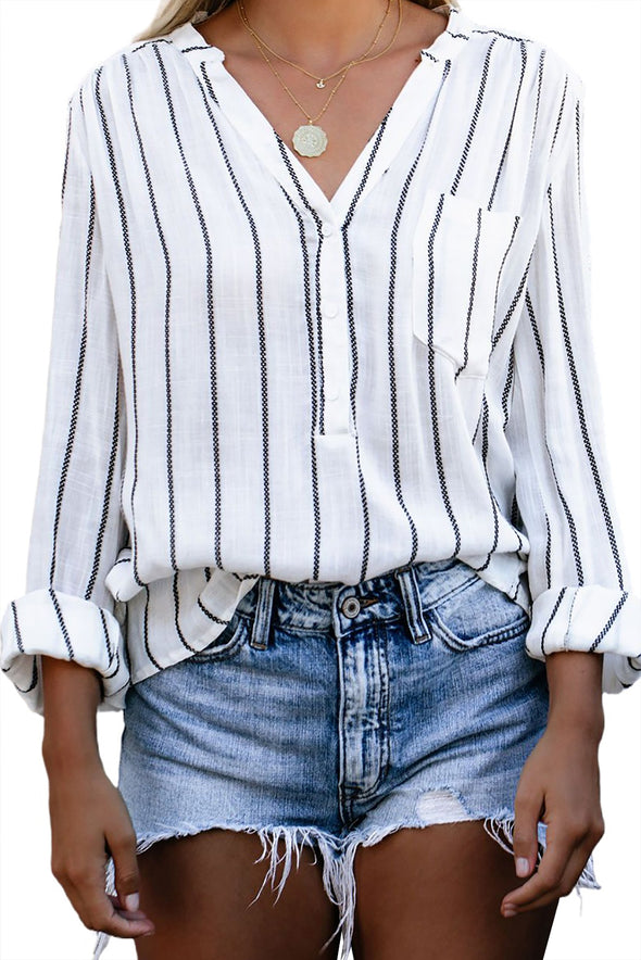 /Blue Striped V Neck Pocket Long Sleeve Top