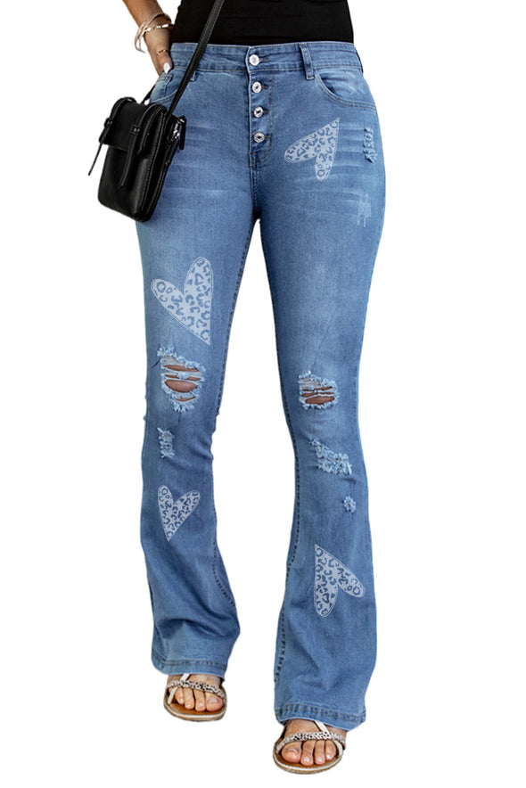 Dark Blue Mid Rise Button Front Flare Denim