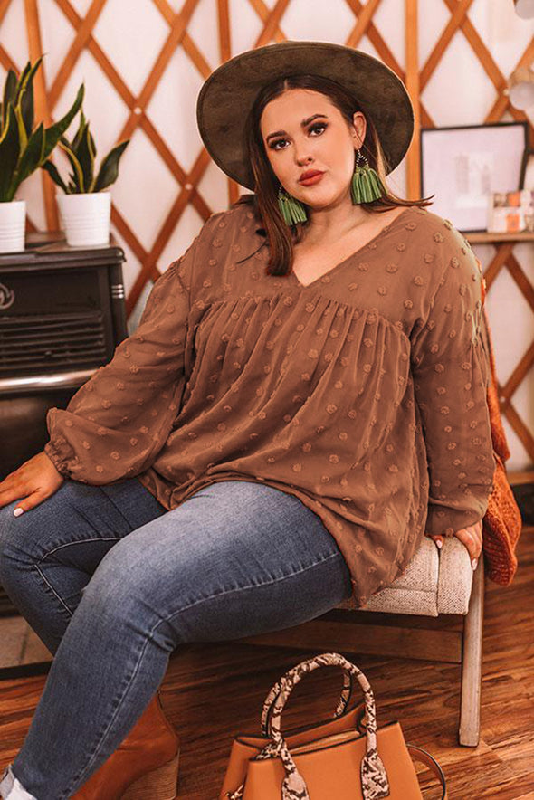 Wine Red V Neck Lantern Sleeve Swiss Dot Plus Size Blouse