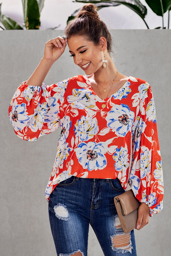 Multicolor Boho Print Balloon Sleeve Blouse