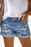 Women's Distressed Ripped Rolled Hem Blue Denim Shorts