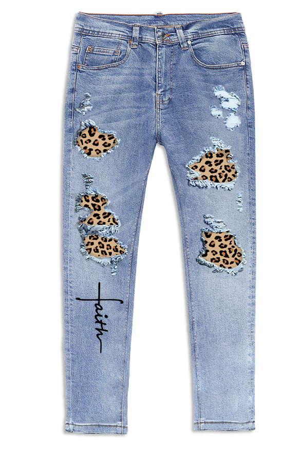 Men's Skull Print Patchwork Distressed Skinny High Waist Jeans