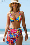 Multicolor Floral Print Halter Backless Bikini Swimsuit with Sarong