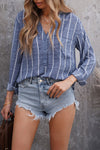 /Blue Striped V Neck Pocket Long Sleeve Top