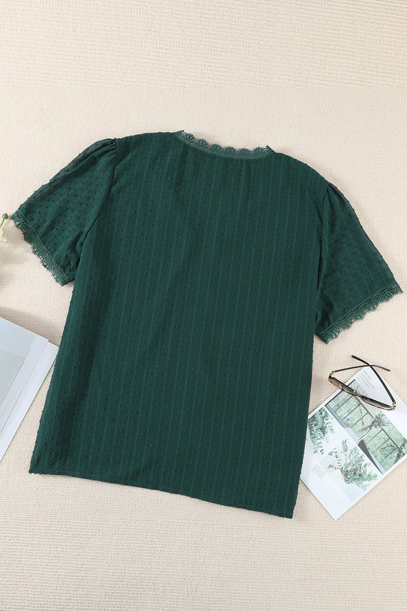 V Neck Lace Crochet Swiss Dot Short Sleeve Blouse