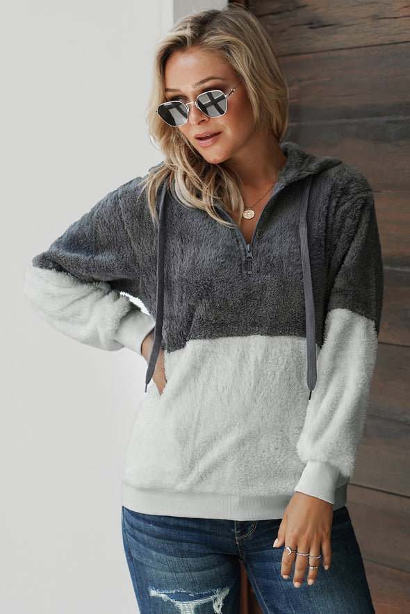 White Colorblock Furry Hoodie