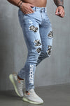 Men's Skull Print Patchwork Distressed Skinny High Waist Jeans