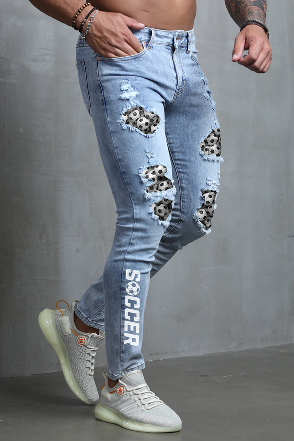 Men's Skull Print Patchwork Distressed Skinny High Waist Jeans