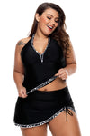 Contrast White Trim Black Halter Tankini Skort Swimsuit