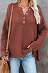 Henley Pullover Drop Shoulder Sweater with Slits