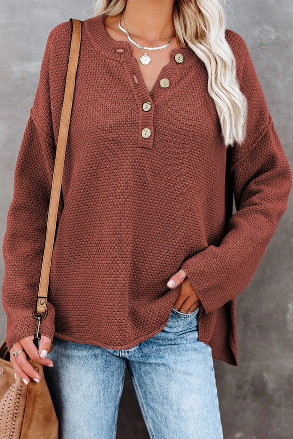 Henley Pullover Drop Shoulder Sweater with Slits