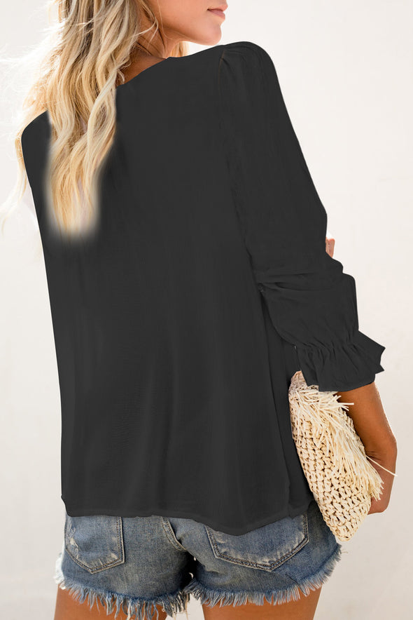 Bohemian Bubble Sleeve Eyelet Blouse