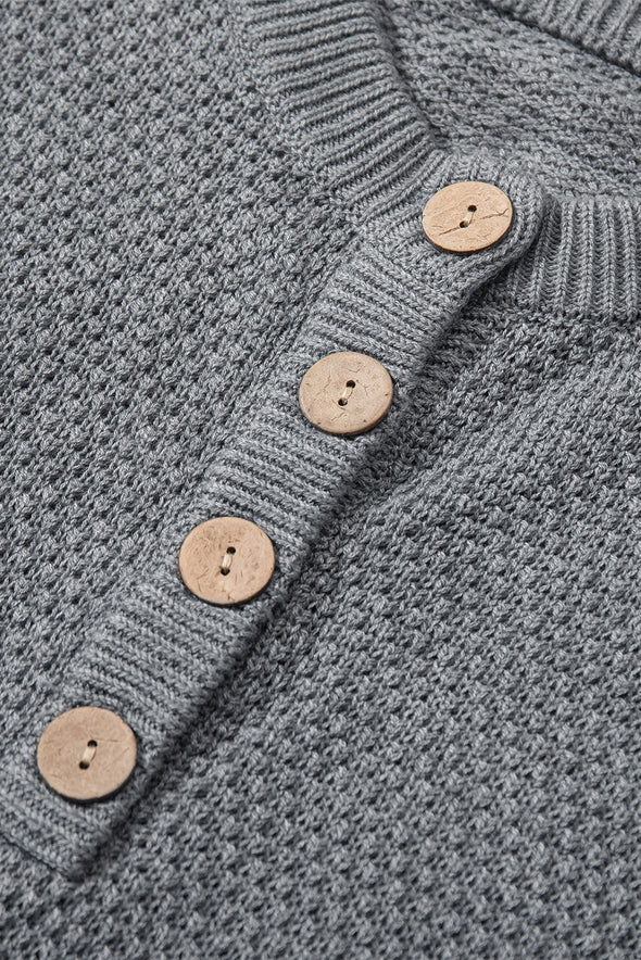 Henley Pullover Drop Shoulder Sweater with Slits