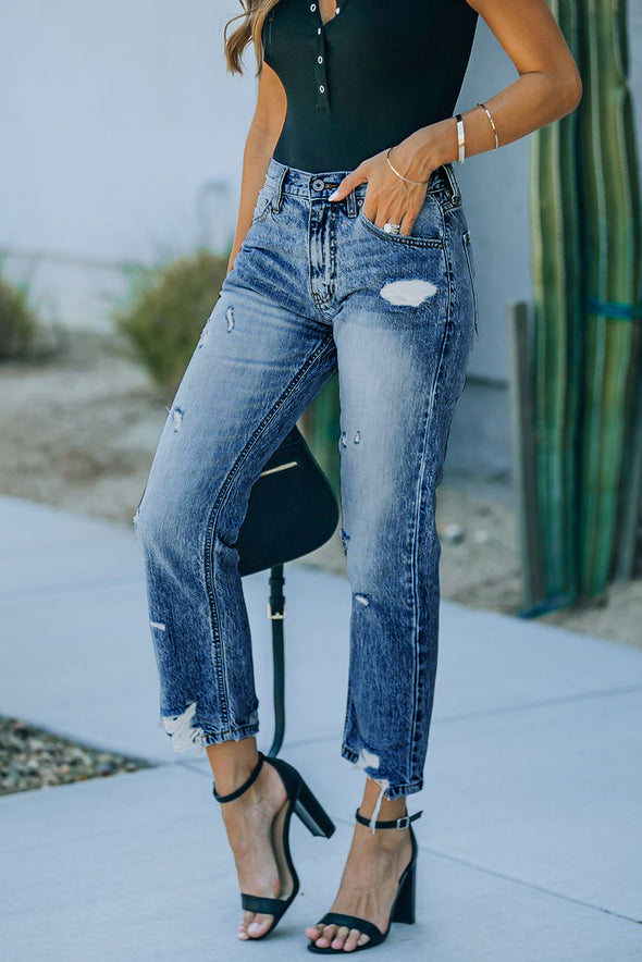 Medium Wash High Rise Straight Leg Jeans