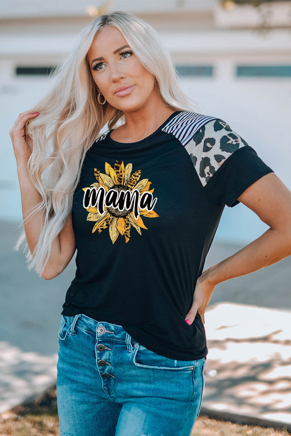 Letter Heart Print Leopard Striped Color Block Short Sleeve T-shirt